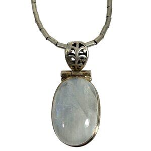 Vintage Necklace Featuring a Large Oval-Shaped Moonstone Pendant Marked 925
